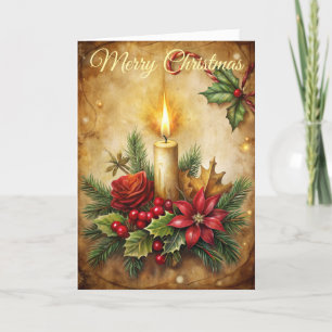 Christmas Candle and Flowers Holiday Card
