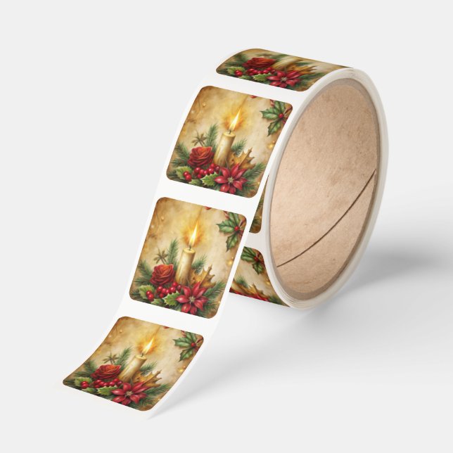 Christmas Candle and Flowers Square Sticker (Roll)