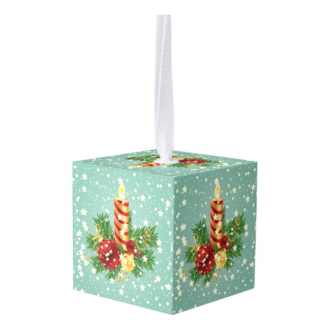 Christmas Candle And Sparkles Cube Ornament (Back Angled)