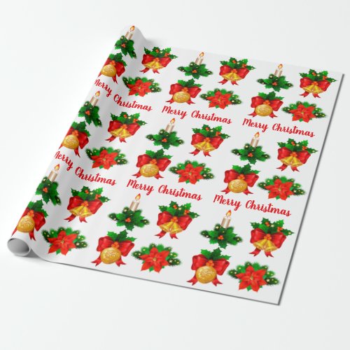 Christmas Candle Bells Ribbon Poinsettia Flower Wrapping Paper