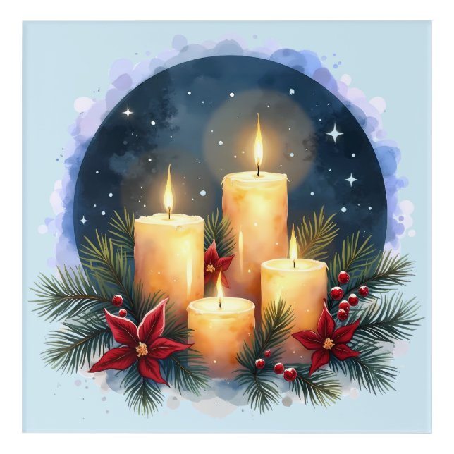 Christmas Candle Glow with Poinsettias Acrylic Print (Front)