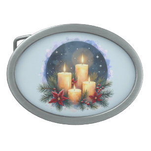 Christmas Candle Glow with Poinsettias Belt Buckle