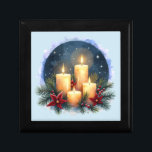 Christmas Candle Glow with Poinsettias Gift Box<br><div class="desc">This festive design captures the cozy warmth of the holiday season with a glowing arrangement of four golden candles surrounded by lush pine branches, red poinsettias, and sprigs of holly berries. Set against a softly painted midnight sky filled with stars, the scene evokes a peaceful, contemplative winter night perfect for...</div>