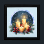 Christmas Candle Glow with Poinsettias Gift Box<br><div class="desc">This festive design captures the cozy warmth of the holiday season with a glowing arrangement of four golden candles surrounded by lush pine branches, red poinsettias, and sprigs of holly berries. Set against a softly painted midnight sky filled with stars, the scene evokes a peaceful, contemplative winter night perfect for...</div>