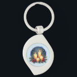 Christmas Candle Glow with Poinsettias Keychain<br><div class="desc">This festive design captures the cozy warmth of the holiday season with a glowing arrangement of four golden candles surrounded by lush pine branches, red poinsettias, and sprigs of holly berries. Set against a softly painted midnight sky filled with stars, the scene evokes a peaceful, contemplative winter night perfect for...</div>