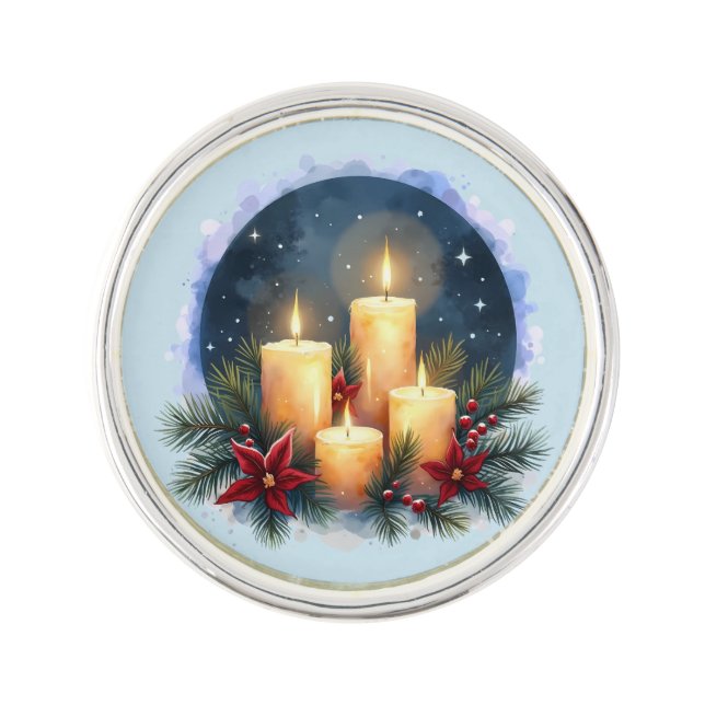Christmas Candle Glow with Poinsettias Lapel Pin (Front)