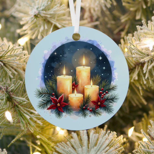 Christmas Candle Glow with Poinsettias Metal Ornament (Insitu)