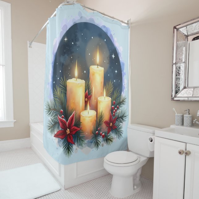 Christmas Candle Glow with Poinsettias Shower Curtain (In Situ)