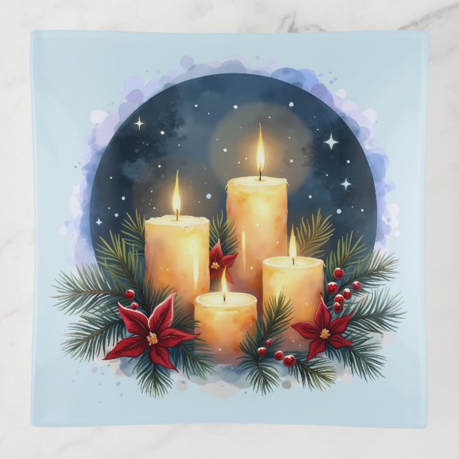 Christmas Candle Glow with Poinsettias Trinket Tray (Front)