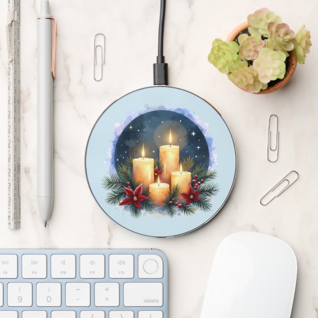 Christmas Candle Glow with Poinsettias Wireless Charger (Desk)