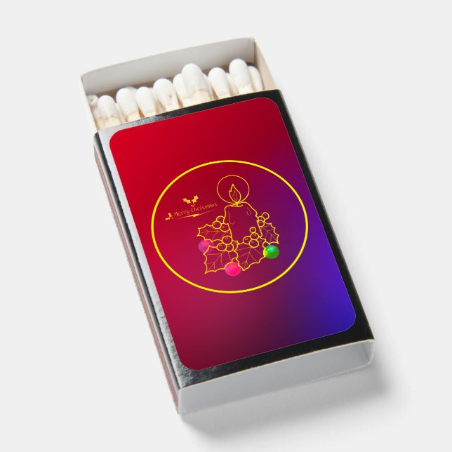 Christmas Candle Holly Line Drawing Red & Blue Matchboxes (Front Open)