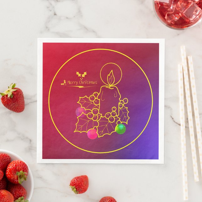 Christmas Candle Holly Line Drawing Red & Blue Paper Dinner Napkins (Insitu)