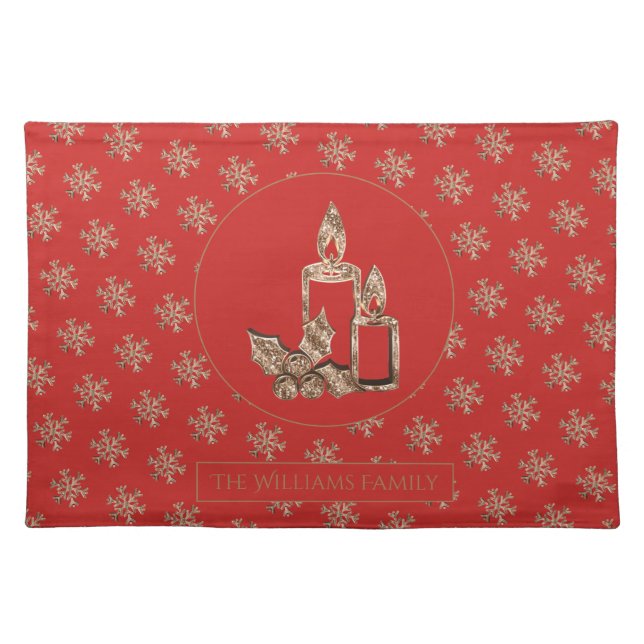 Christmas Candle Holly Snowflakes Red and Gold Cloth Placemat (Front)