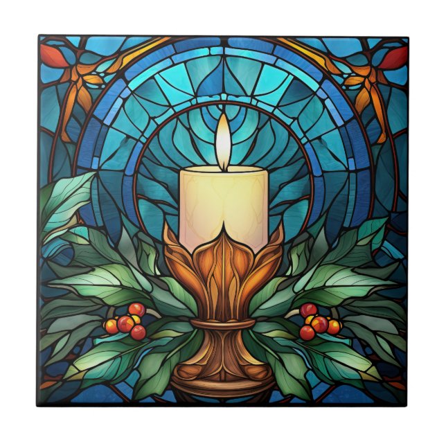 Christmas Candle Stained Glass Ceramic Tile (Front)