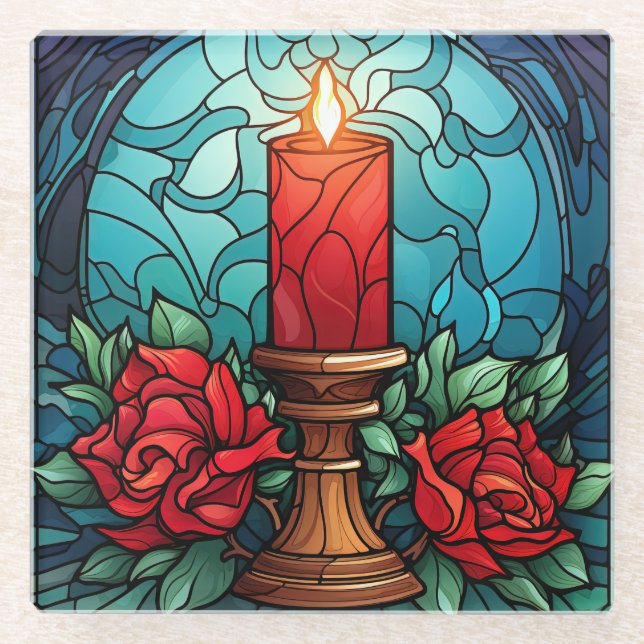 Christmas Candle Stained Glass Glass Coaster (Front)