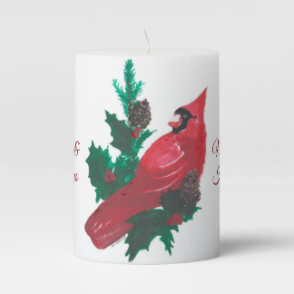 Christmas Candle w/Cardinal & Holly and Berries