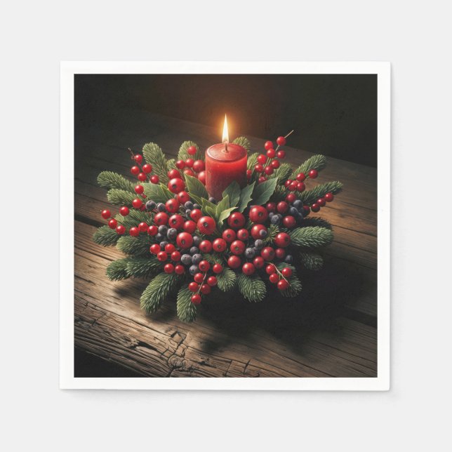 Christmas Candle With Pine and Berries Napkins (Front)