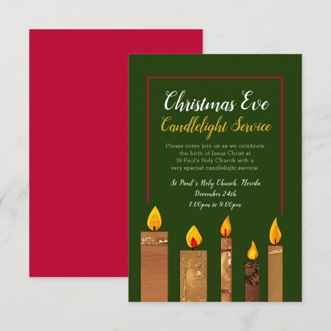 Christmas candlelight service candles gold art invitation (Front/Back)