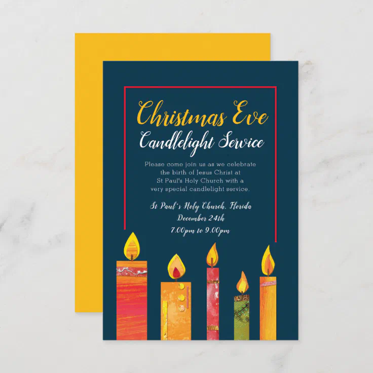 Christmas candlelight service five candles art invitation Zazzle