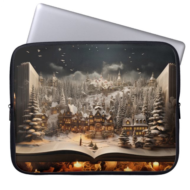 Christmas Candlelit Storybook Mountain Village Laptop Sleeve (Front)