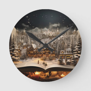 Christmas Candlelit Storybook Mountain Village Round Clock