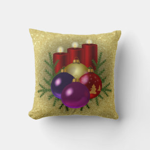 Christmas Candles & Ornaments Gold Faux Glitter Throw Pillow