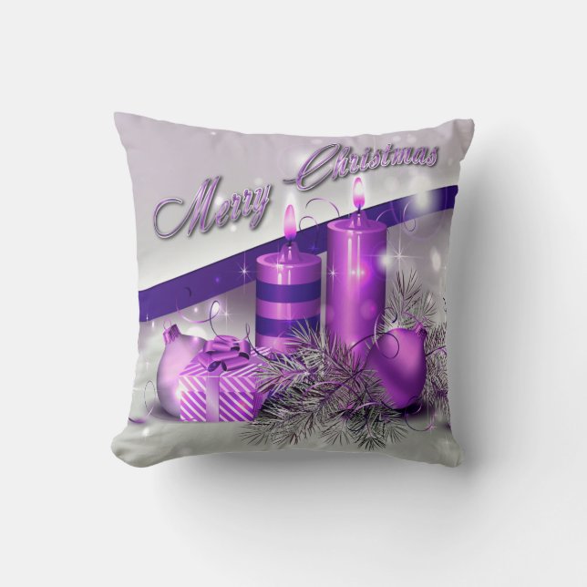 Christmas Candles Purple Sparkle Throw Pillow (Front)