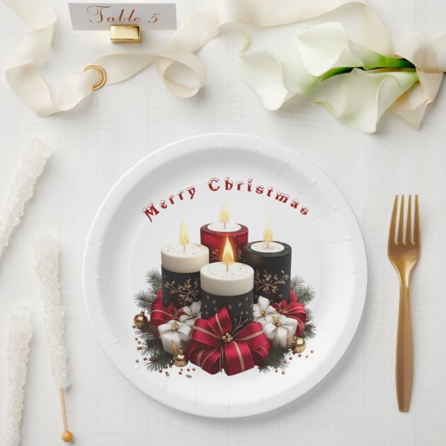 Christmas Candles Red White Ribbons Gold Ornaments Paper Plates (Wedding)