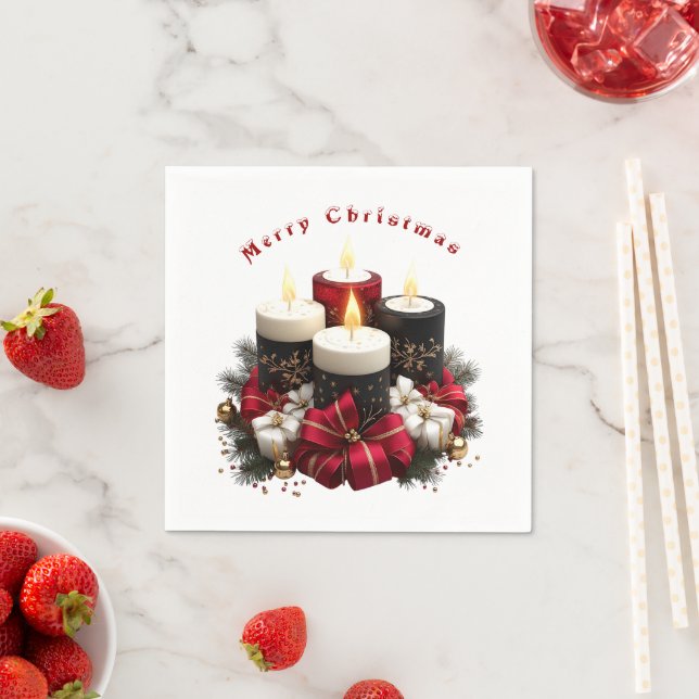 Christmas Candles Red White Satin Ribbon Napkins (Insitu)