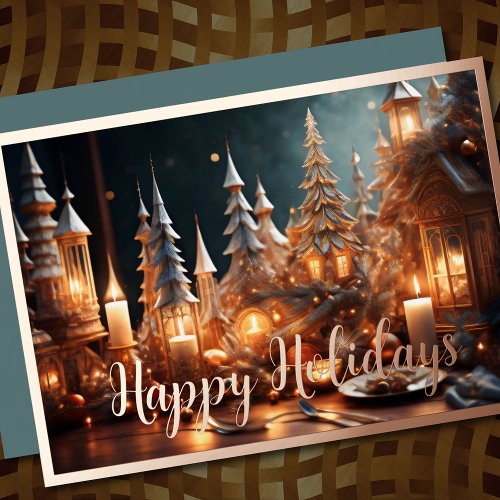 Christmas Candles Village Gray Tablescape Foil Holiday Card