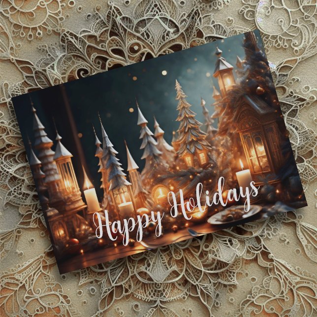 Christmas Candles Village Gray Tablescape Holiday Card (Creator Uploaded)