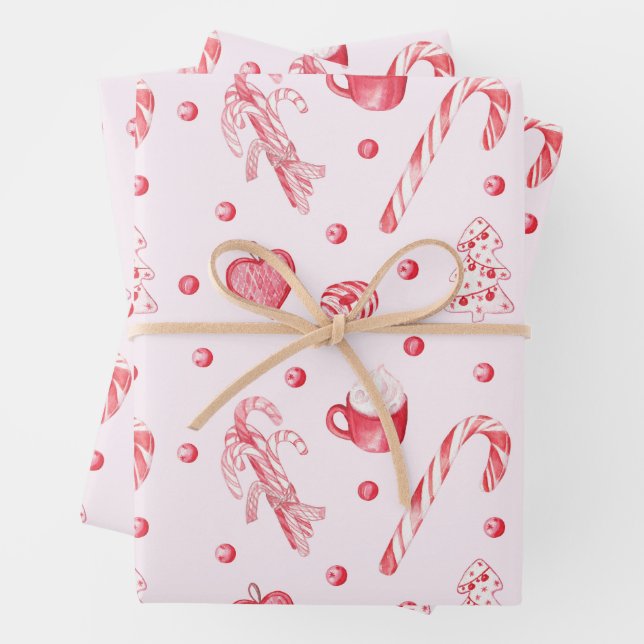 Christmas Candy and Hot Chocolate Pink  Wrapping Paper Sheets (In situ)