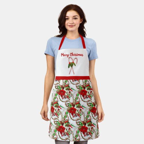 Christmas Candy Cane and Poinsettia All_Over Print Apron