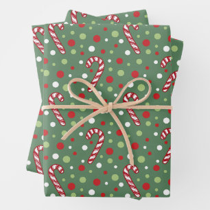 Christmas Candy Cane and Polka Dots Green Wrapping Paper Sheets