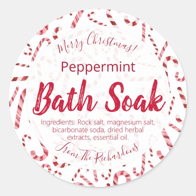Christmas Candy Cane Bath Bomb Salt Soak Labels (Front)