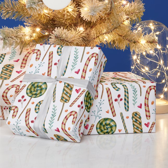 Christmas Candy Cane, Berries and Sweets  Wrapping Paper (Holidays)