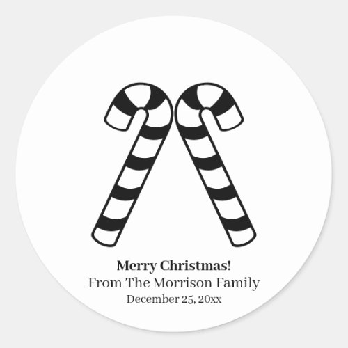 Christmas candy cane black white custom name favor classic round sticker