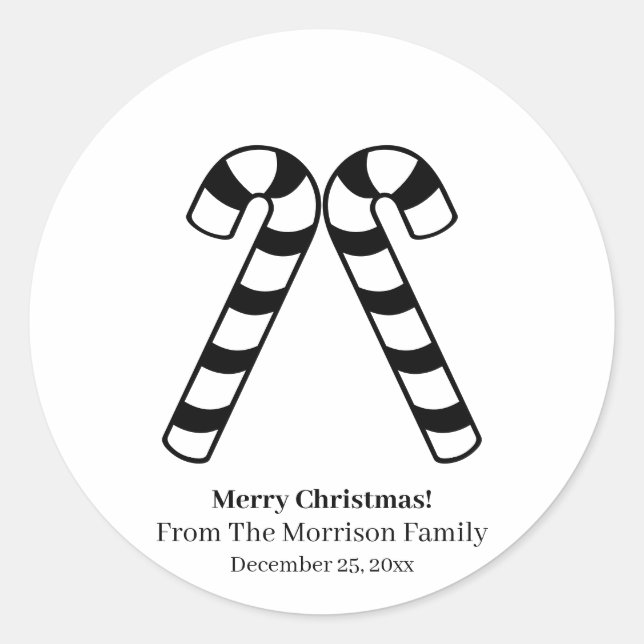 Christmas candy cane black white custom name favor classic round sticker (Front)