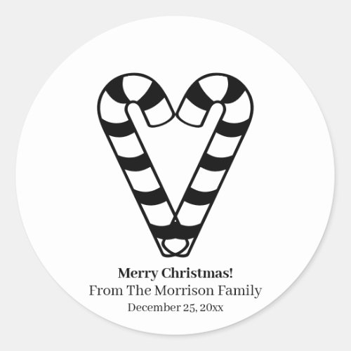 Christmas candy cane black white custom name heart classic round sticker