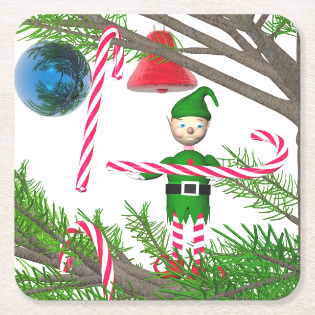 Christmas Candy Cane Elf Square Paper Coaster (Front)