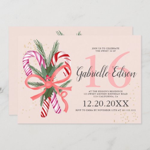 Christmas candy cane glitter blush pink Sweet 16 Invitation