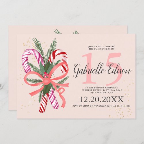 Christmas candy cane glitter pink quinceanera invitation