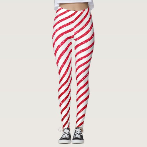 Christmas Candy Cane Glitter Stripped Holiday Leggings