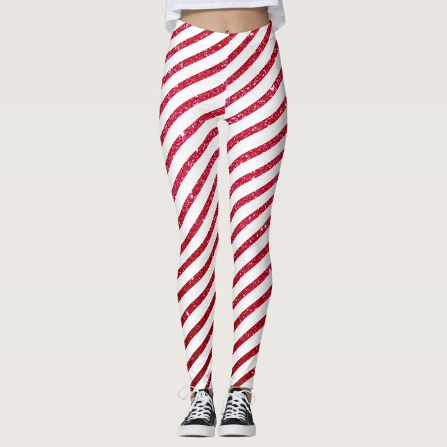 Christmas Candy Cane Glitter Stripped Holiday Leggings (Front)