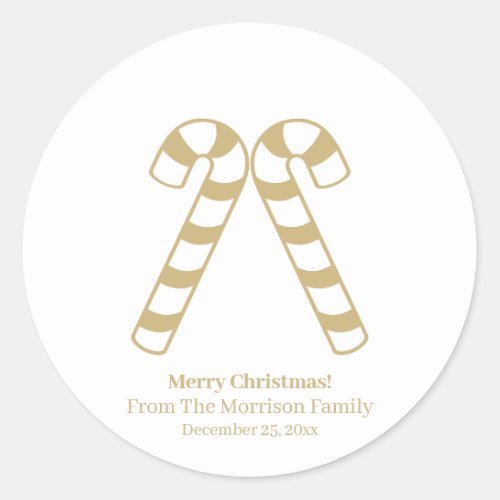 Christmas candy cane gold white custom name favor classic round sticker