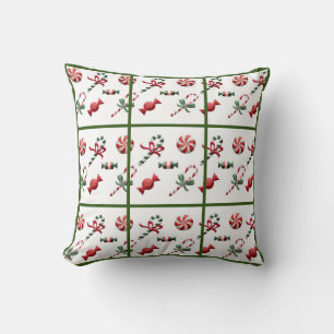Christmas Candy Cane Green Check White Traditional Throw Pillow