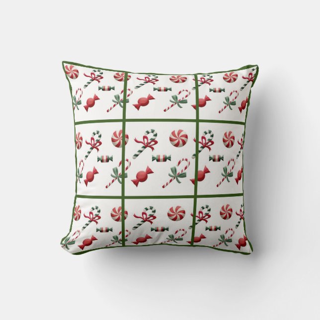 Christmas Candy Cane Green Check White Traditional Throw Pillow (Front)