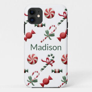 Christmas Candy Cane Green Personalized Name iPhone 11 Case