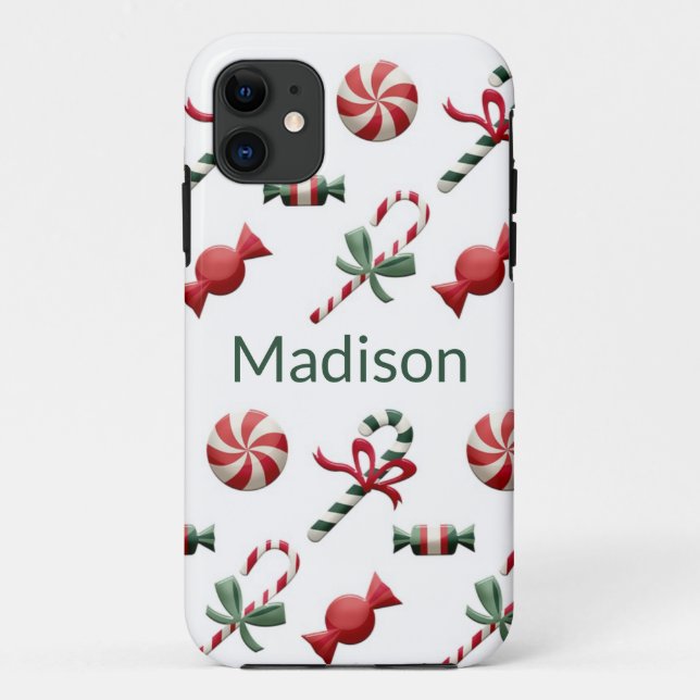 Christmas Candy Cane Green Personalized Name Case-Mate iPhone Case (Back)