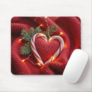 Christmas Candy Cane Heart With Lights Mouse Pad